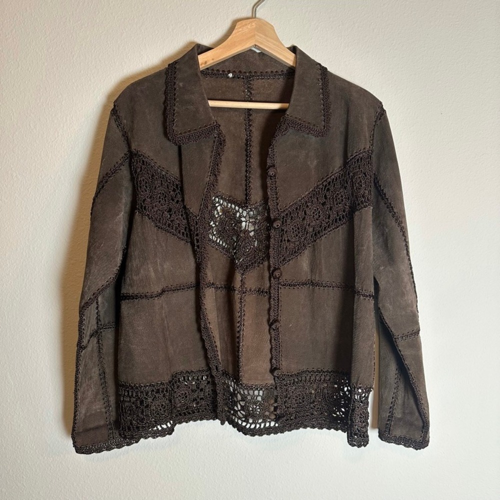Vintage Brown Suede Crochet Lace Patchwork Jacket Western Boho Hippie Medium